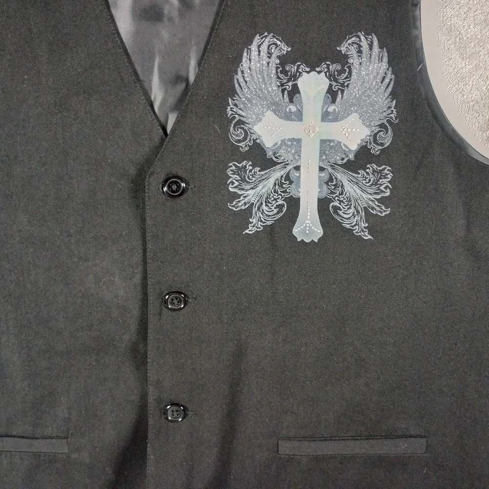 Patroncito USA Vest Mens Large Black Winged Cross Graphic Gothic Biker Emo Punk